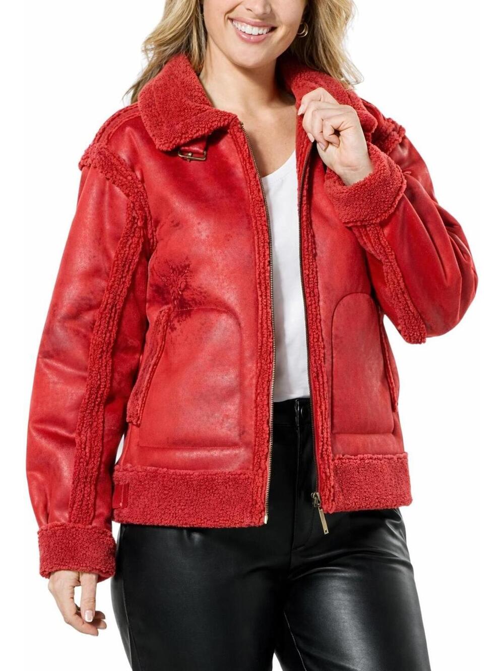 NWT G by Giuliana Faux Suede Shearling Zip Front Coat Red Size Small